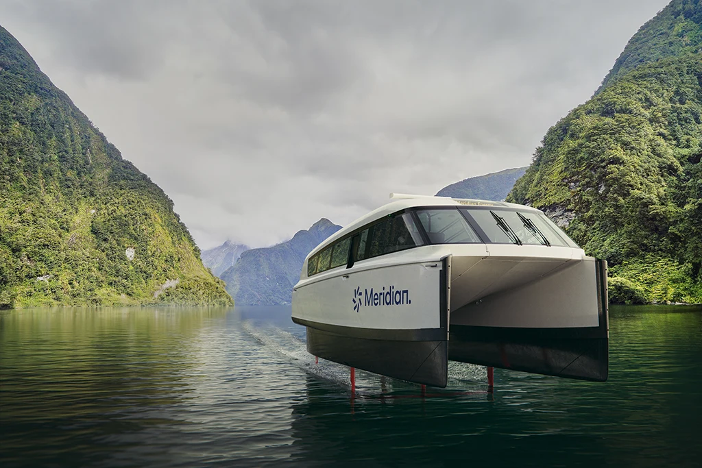 The Candela-P12, an Electric Hydrofoil Ferry crossing a lake