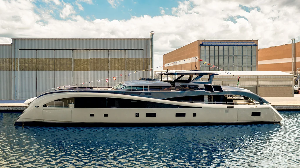 The Hybrid-electric power catamaran Rossinavi Seawolf X docked at their facility